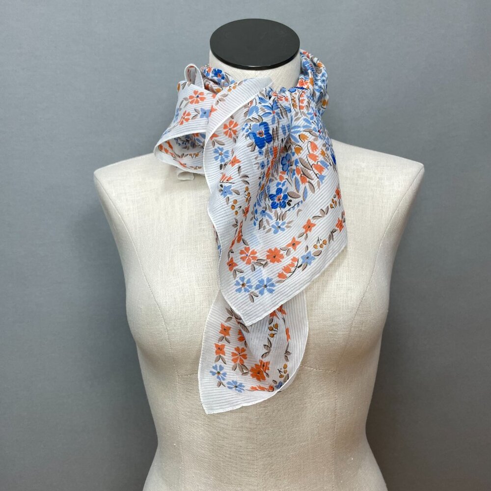 Vintage Scarf Floral Lightweight Square White Blue Orange‎ Retro 90s Italy Women